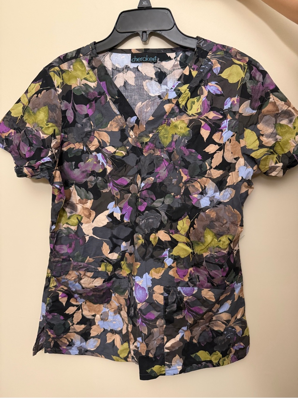 Cherokee Black Floral V-Neck Tunic with Purple, Green and Tan Leaves